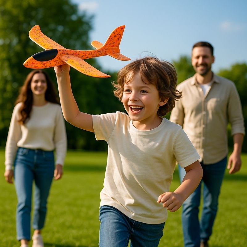 avion-jouet-en-enfant-et-ses-parent-courent-dans-l'herbe
