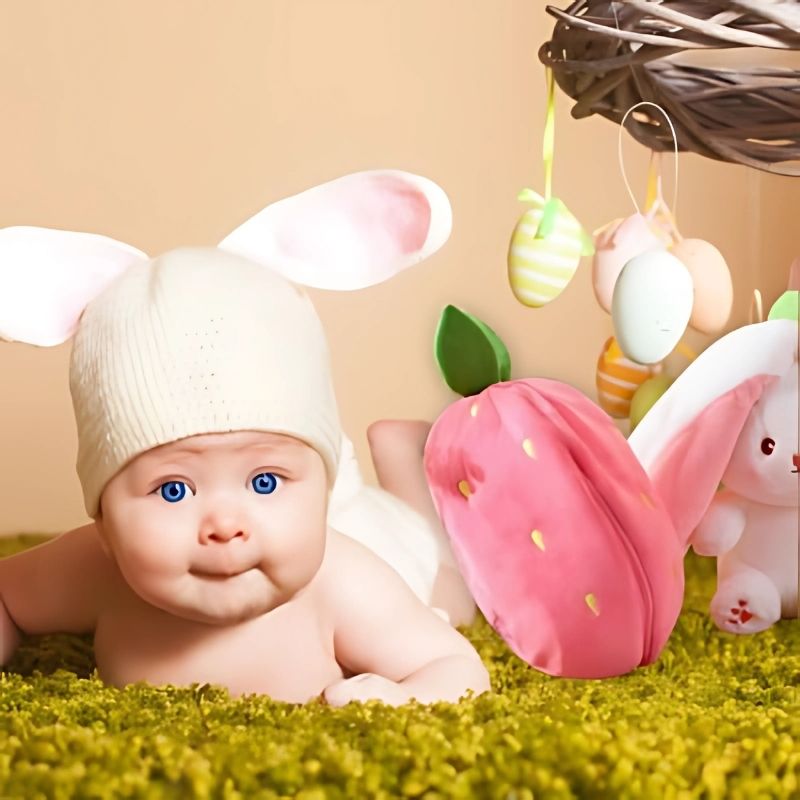 un-bébé-yeux-bleus-avec-peluche-lapin