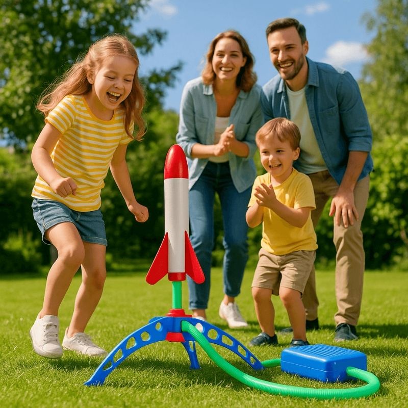 une-famille-heureuse-lanceur-de-fusée-mousse-jardin-été