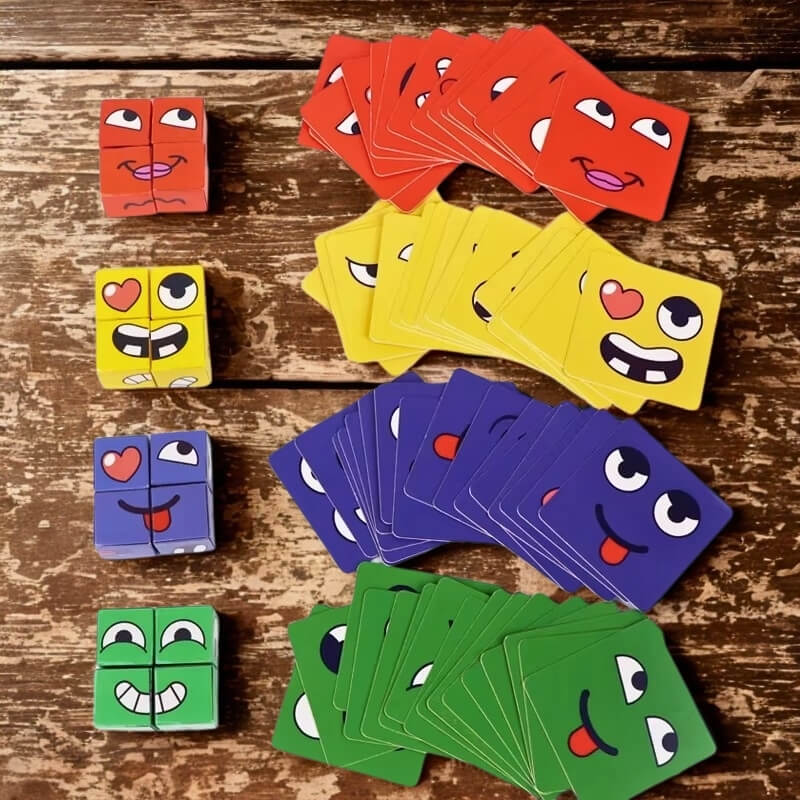 des-cartes-colorés-et-des-cubes-de-bois-avec-émotions