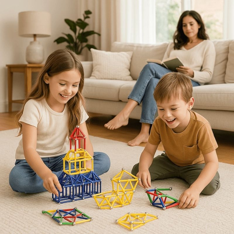 des-enfants-jouent-dans-le-salon-maman-qui-lit-un-livre