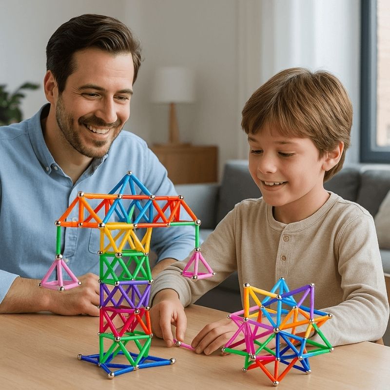 enfant-et-papa-fiers-de-la-réalisation-avec-bâtonnets-aimantés-magnétiques