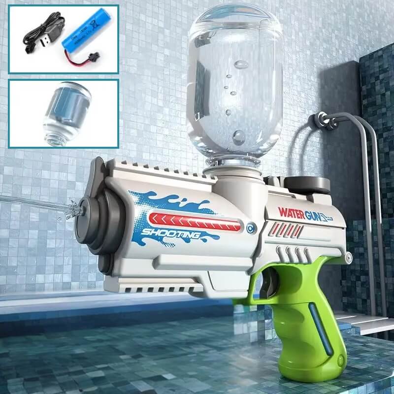 pistolet-à-eau-électrique-poignée-verte-avec-bouteille-pile-et-cable-usb
