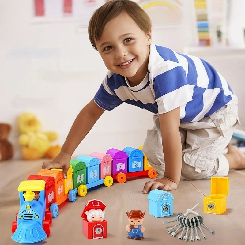 Jouet bébé 1 an train de la ferme Montessori coloré avec wagons numérotés