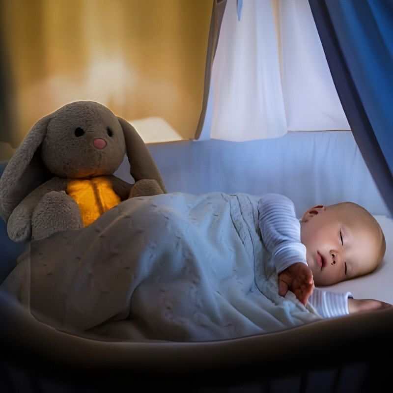 bebe fait dodo dans berceau avec son doudou lapin respirant