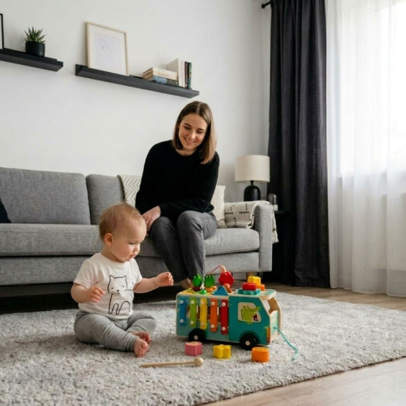bébé fille joue avec son jouet bébé 1 an camion jouet bois coloré avec maman dans le salon