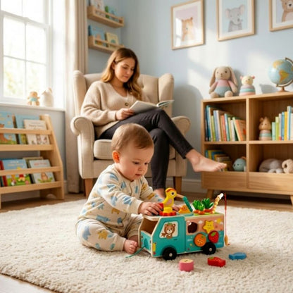 bébé joue avec son jouet bébé 1 an avec maman dans le salon