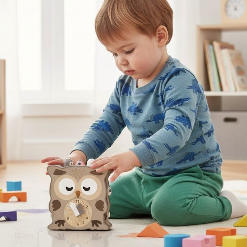 cube d'éveil bébé 12 mois qui observe son nouveau jouet multi surface