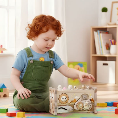 cube d'éveil bébé fillette de 14 mois regarde son jouet beige hibou