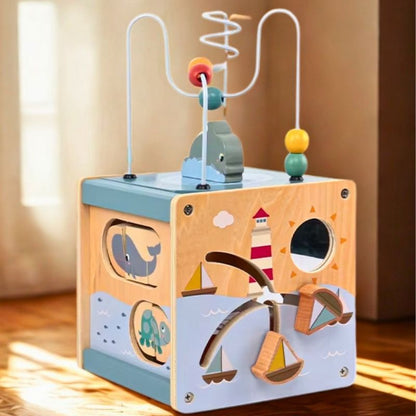 cube d'éveil bébé avec billes de bois bateaux basculant miroir puzzle rangement facile bois doux