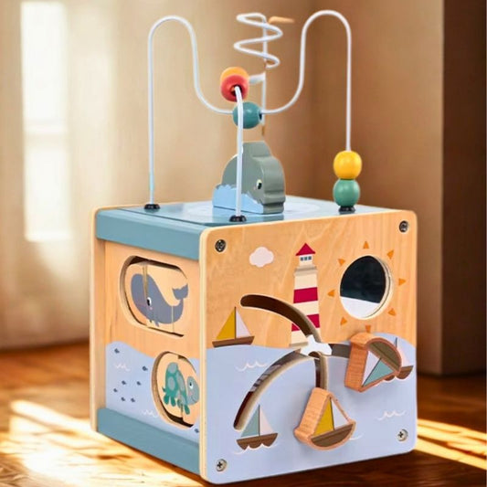 cube d'éveil bébé avec billes de bois bateaux basculant miroir puzzle rangement facile bois doux