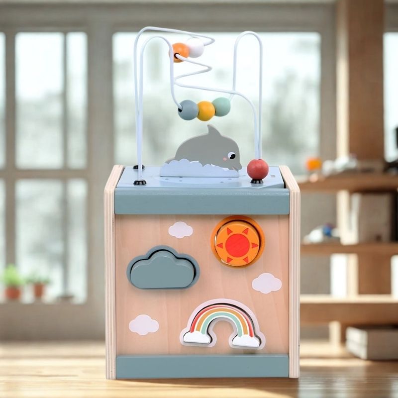 cube d'éveil bébé jouet en bois pour motricité et découvertes sensorielle