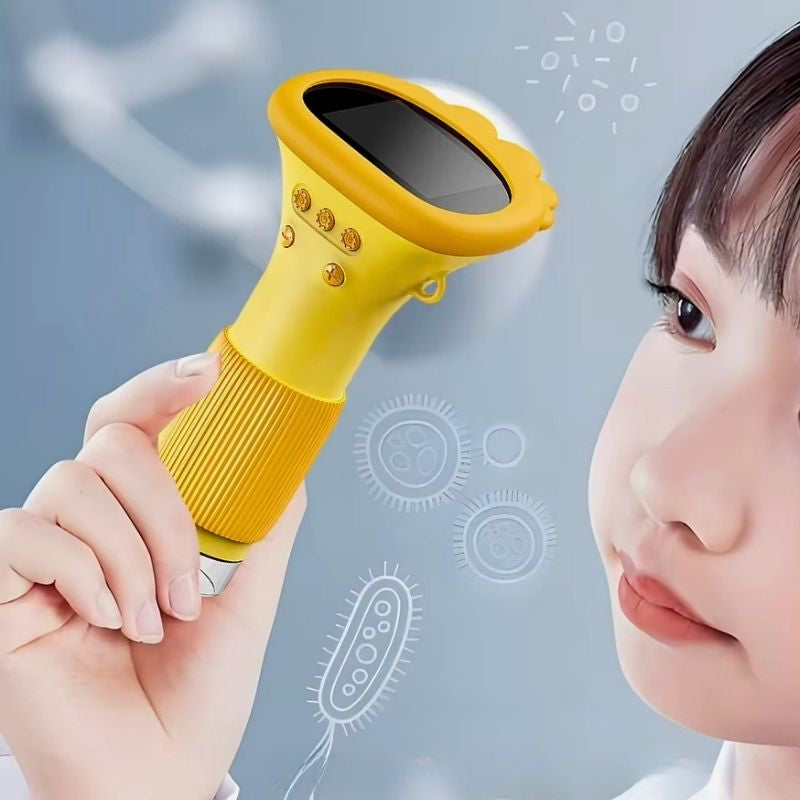 fille-8-ans-tient-un-incroyable-microscope enfant jaune rechargeable