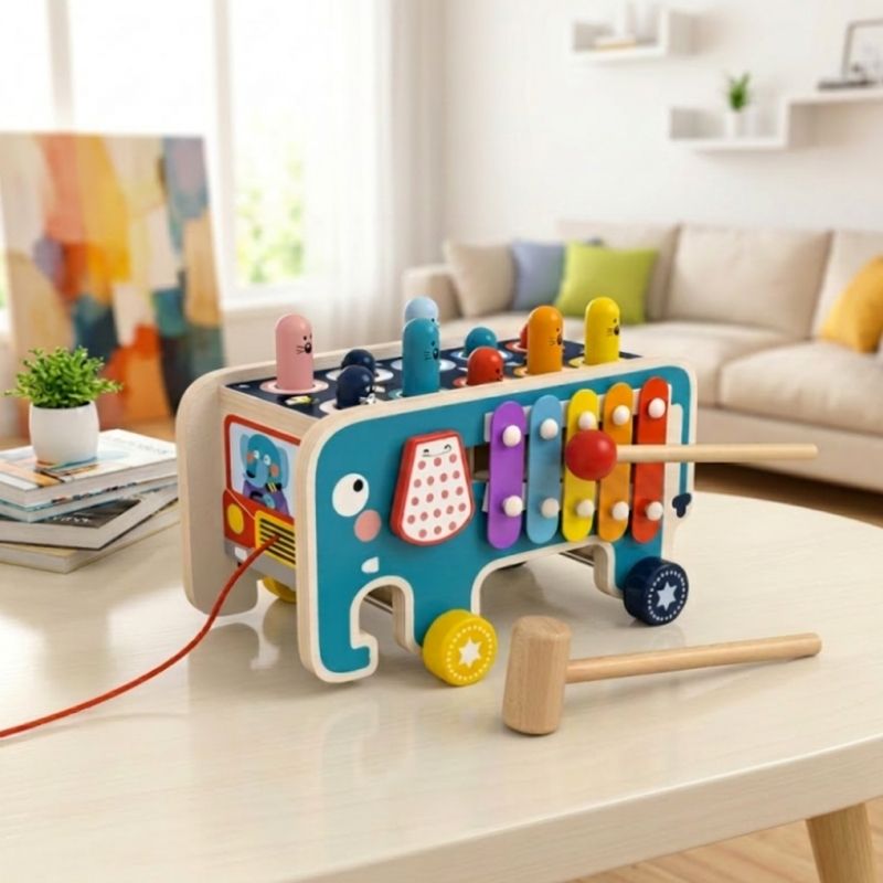 joli jouet bébé 12 mois éléphant bleu avec maillet et baguette xylophone intégré éveil musical