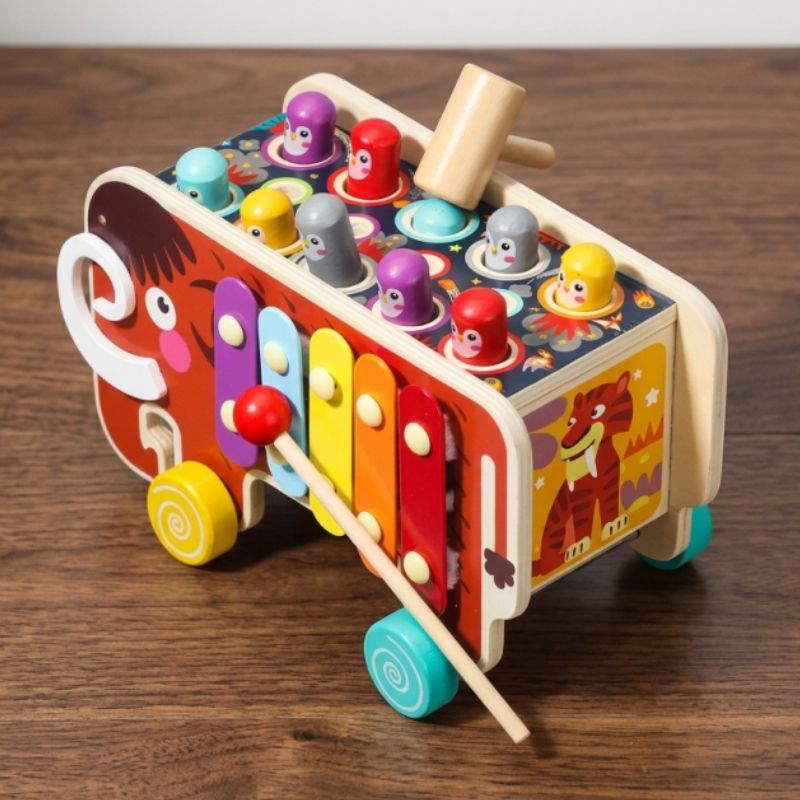 jouet bébé 12 mois mammouth jouet en bois coloré avec maillet et baguette