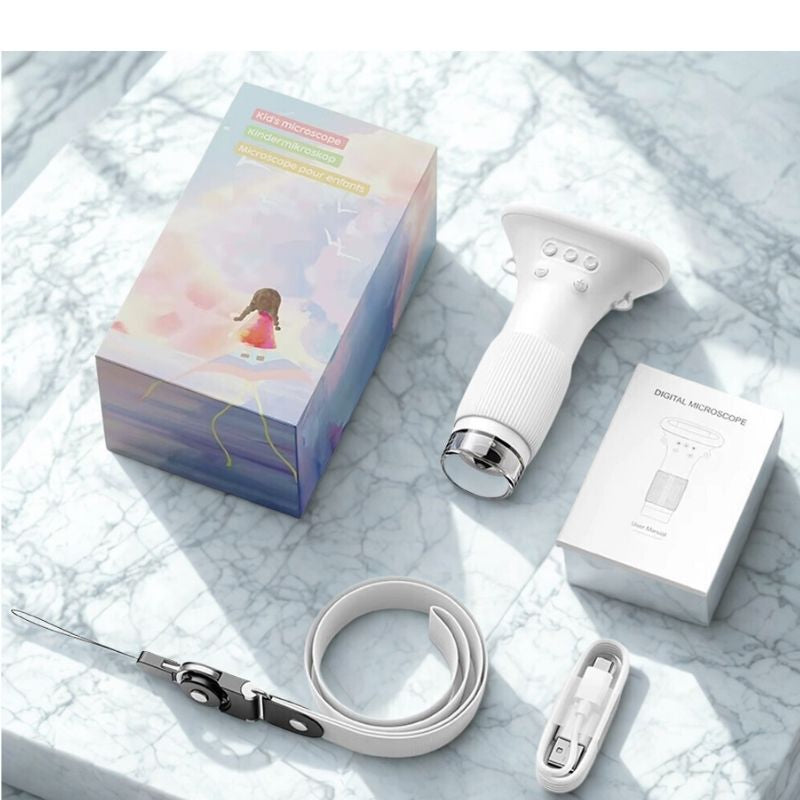 kit microscope enfant blanc avec livret sangle fil boîte de rangement