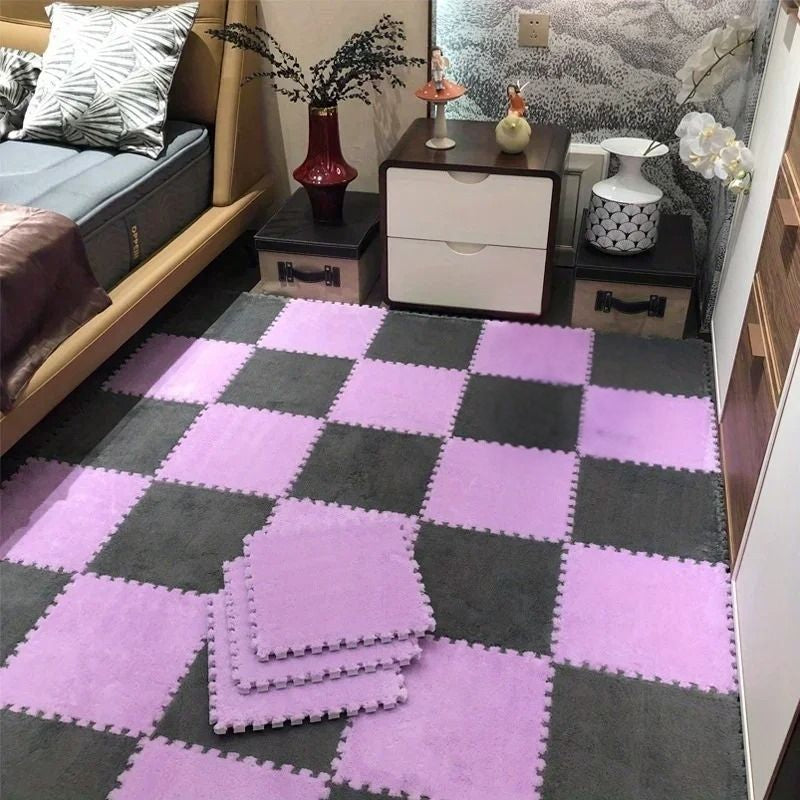 magnifique tapis puzzle avec couche de duvet rose et gris