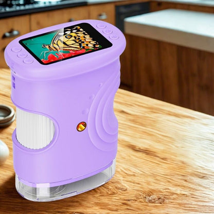 microscope enfant rechargeable couleur lilas sur une table
