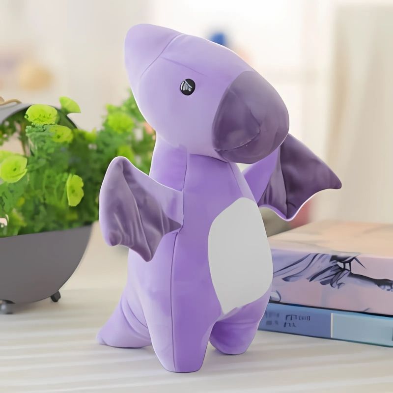 peluche dinosaure ptérodactyle violet mauve debout ventre blanc