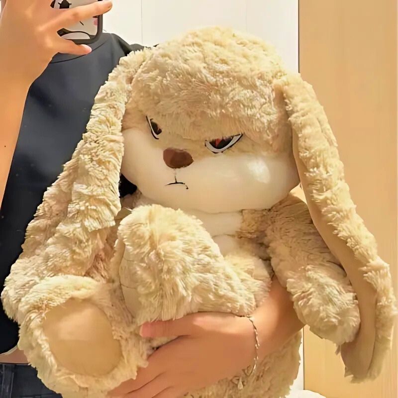 peluche lapin beige ronchonne dans les bras d'une fille