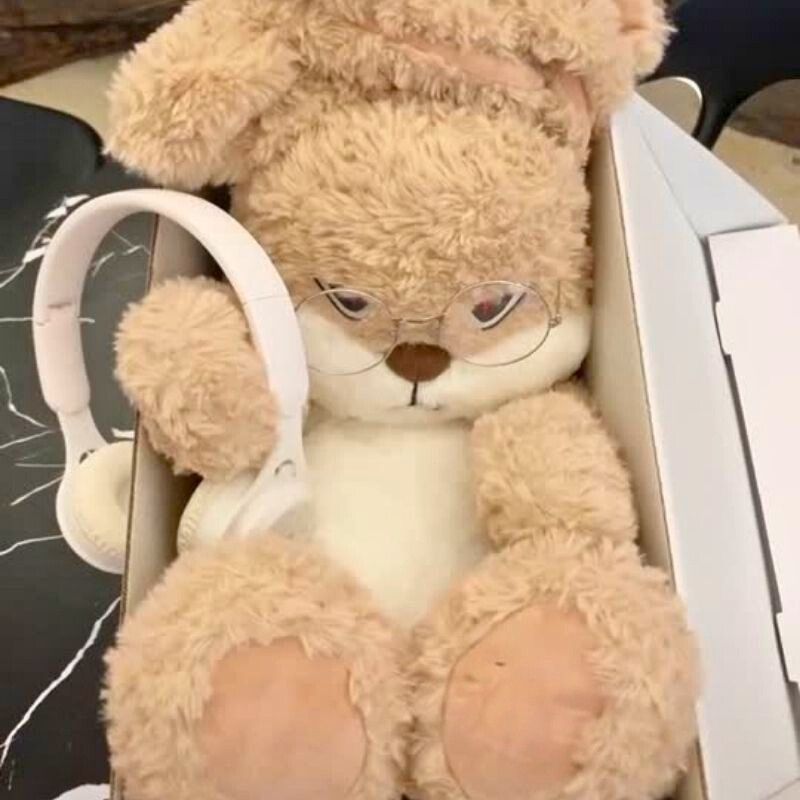 peluche lapin de mauvaise humeur dans boîte avec écouteurs blancs