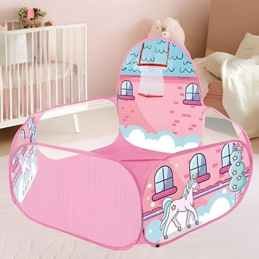 piscine a balle rose style château avec licorne et nuages