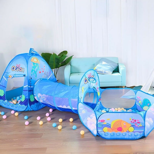 piscine a balle thème océan avec tunnel fosse et cabane