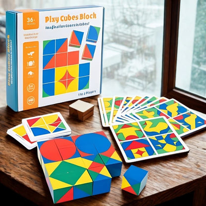 puzzle en bois cubes colores sur table près fenêtre