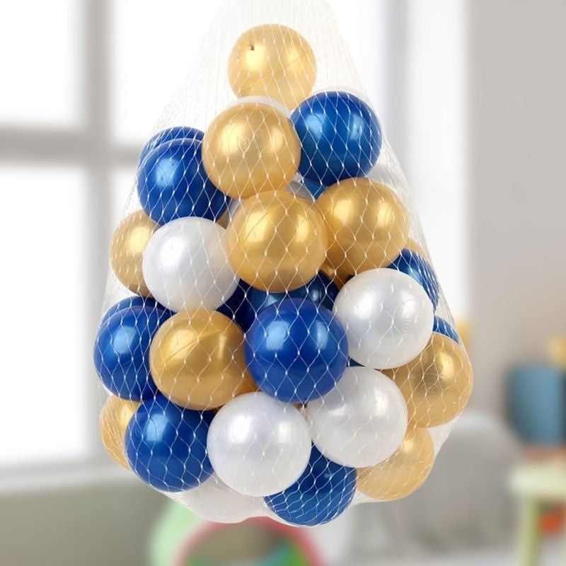sac de 50 balles pour piscine bleues dorées blanches robustes
