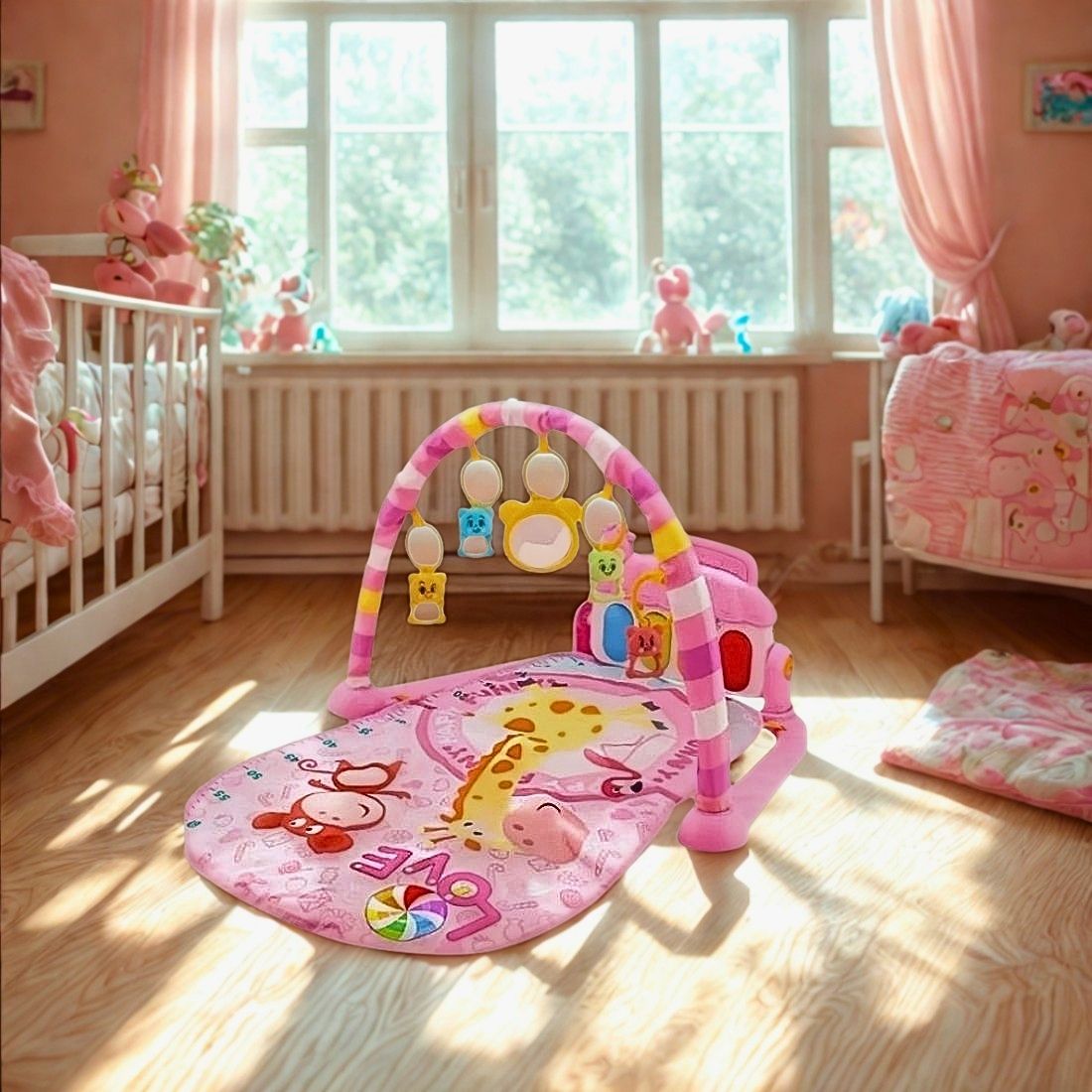 tapis d'éveil bébé rose avec girafe et ouistiti