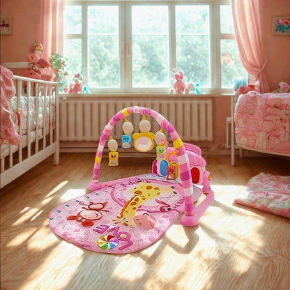 tapis d'éveil bébé rose avec girafe et ouistiti